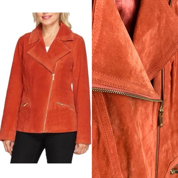 Dennis Basso Leather Suede Moto Zip Jacket Biker Motorcycle Orange Edgy Western - Picture 1 of 9